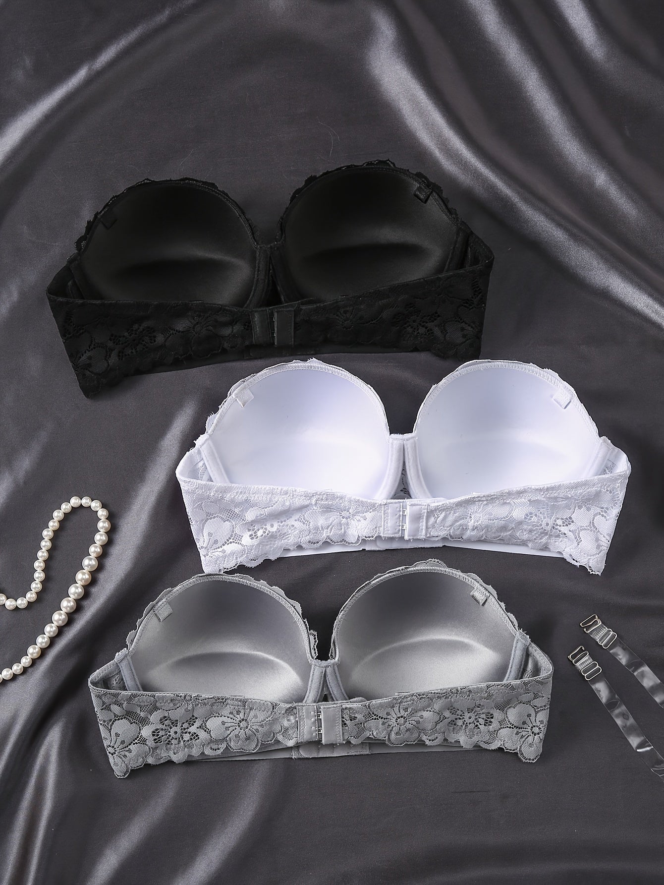 3pcs Women's Sexy Lace Strapless Bandeau Bras - Invisible Front Closure, Push-Up Support