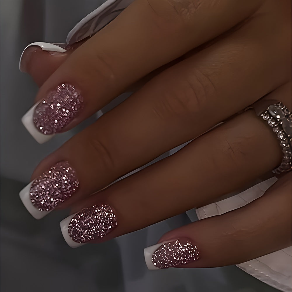 24 Stück glänzende mittelgroße quadratische rosa-weiße French Tip Press On Nails – wiederverwendbar für Frauen
