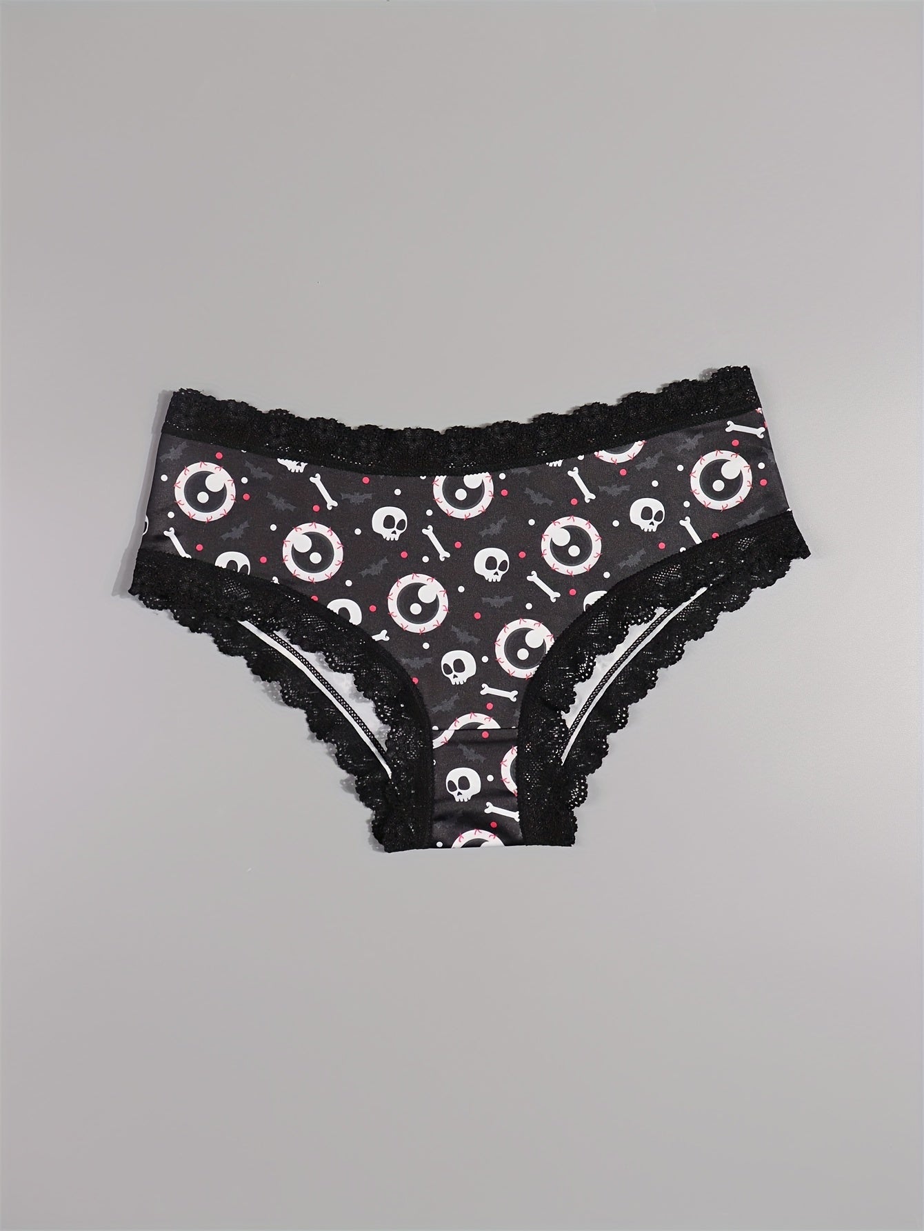 10pcs Women's Gothic Chic Low-Rise Bikini Panties - Sexy Lace Trim, Skull & Star Prints, Comfortable Hipster
