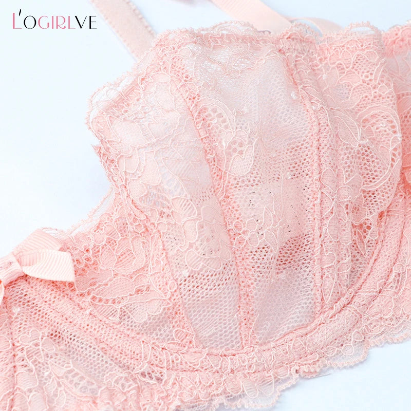 Logirlve Sexy BHs in Übergröße mit Stickerei, Spitze und transparentem Design für C- und D-Körbchen – Rosa, ultradünne Unterwäsche