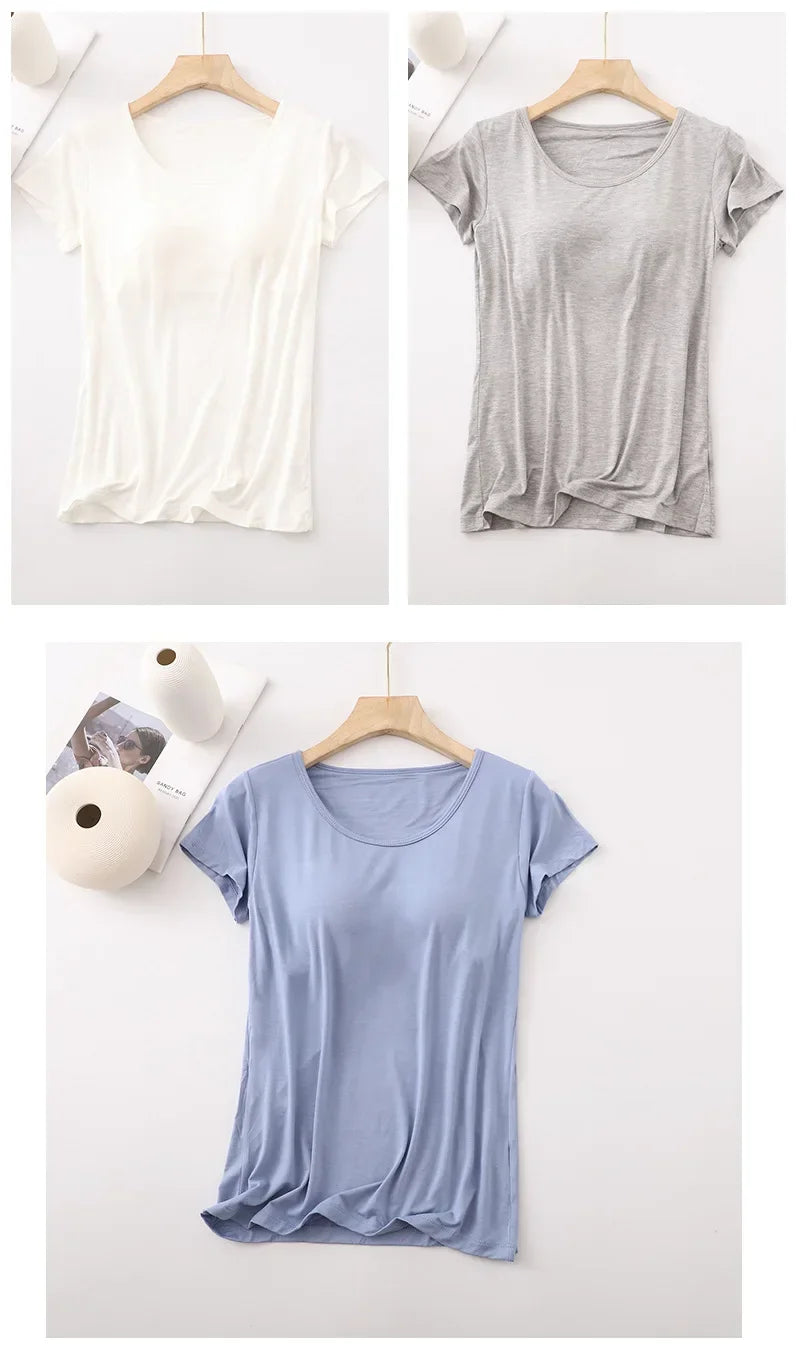 Modalstoff mit Brustpolster T-Shirt Damen Einfarbiger BH Ein Kurzarm-Pyjama Sommer Halbarm Damen-Basisshirt