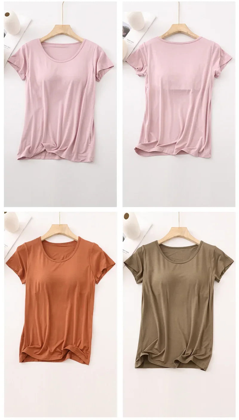 Modalstoff mit Brustpolster T-Shirt Damen Einfarbiger BH Ein Kurzarm-Pyjama Sommer Halbarm Damen-Basisshirt