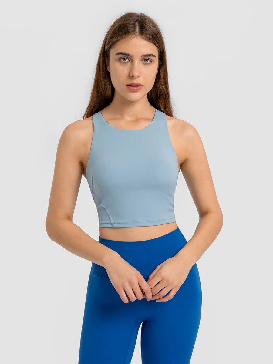 Nepoagym Damen FLAME Crop Tank Top – Sporttop mit hohem Halsausschnitt und integriertem BH für Laufen, Yoga und Fitness