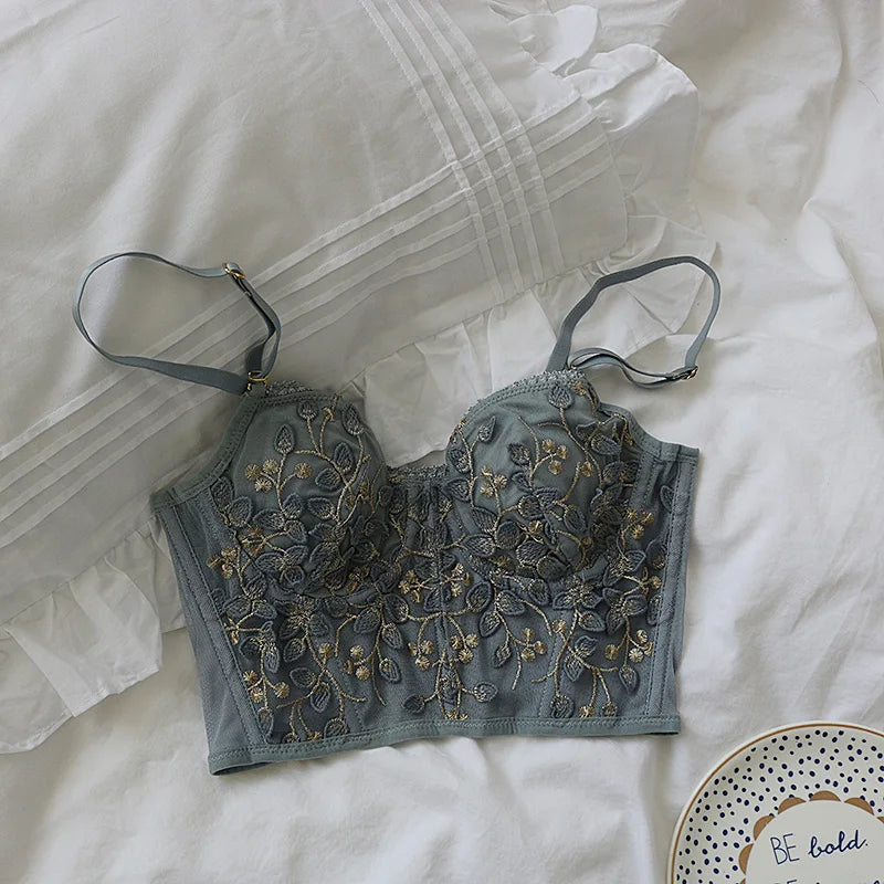 3D Embroidered Sexy Lace Fish Bone Corset Bralette with Steel Ring - 2/1 Half Cup Underwear