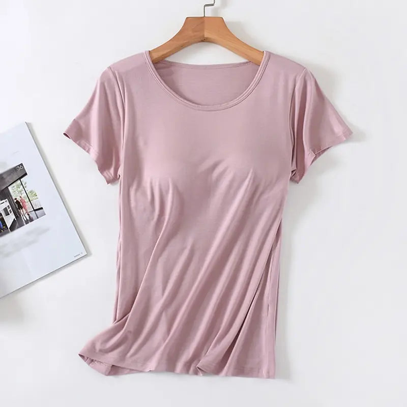 Damen T-Shirt mit Brustpolster Tops Einteiliges BH-Cup Schlankes T-Shirt Weibliches Sommeroberteil Unterhemden Homewear Damenpyjamas