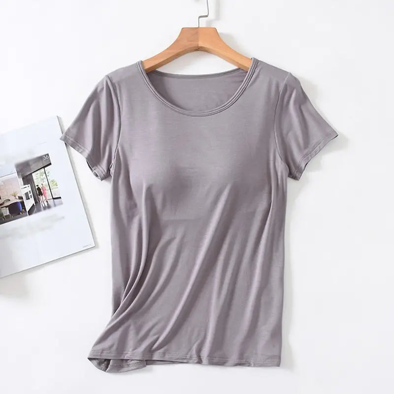 Damen T-Shirt mit Brustpolster Tops Einteiliges BH-Cup Schlankes T-Shirt Weibliches Sommeroberteil Unterhemden Homewear Damenpyjamas