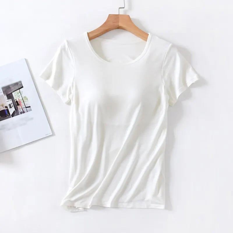 Damen T-Shirt mit Brustpolster Tops Einteiliges BH-Cup Schlankes T-Shirt Weibliches Sommeroberteil Unterhemden Homewear Damenpyjamas