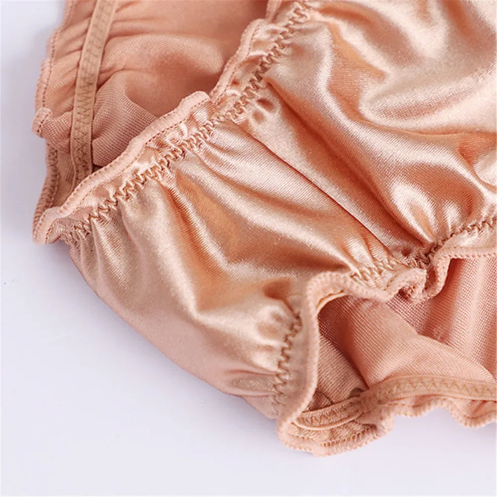 Ropa interior de satén brillante para mujer, de seda, cintura baja, con volantes, sexy, francesa, elástica, sin costuras