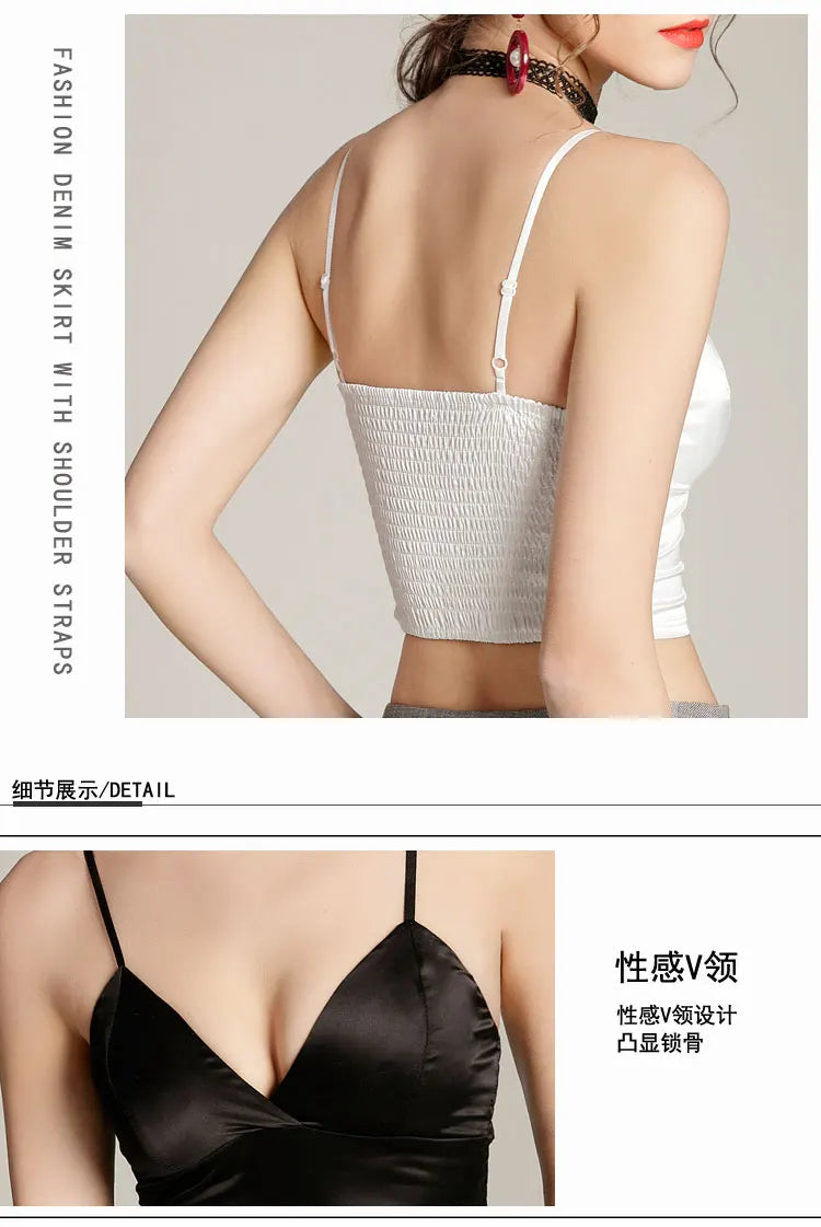 Women Halter Spaghetti Strap Top Sexy V Neck Black White Camis Sleeveless Satin Silk Tank Tops Women Summer Camisole with pad