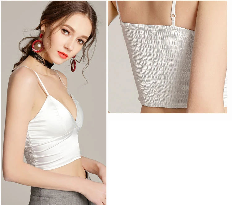 Women Halter Spaghetti Strap Top Sexy V Neck Black White Camis Sleeveless Satin Silk Tank Tops Women Summer Camisole with pad