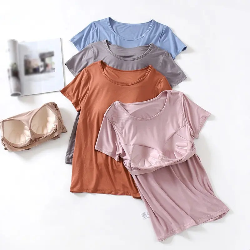 Damen T-Shirt mit Brustpolster Tops Einteiliges BH-Cup Schlankes T-Shirt Weibliches Sommeroberteil Unterhemden Homewear Damenpyjamas