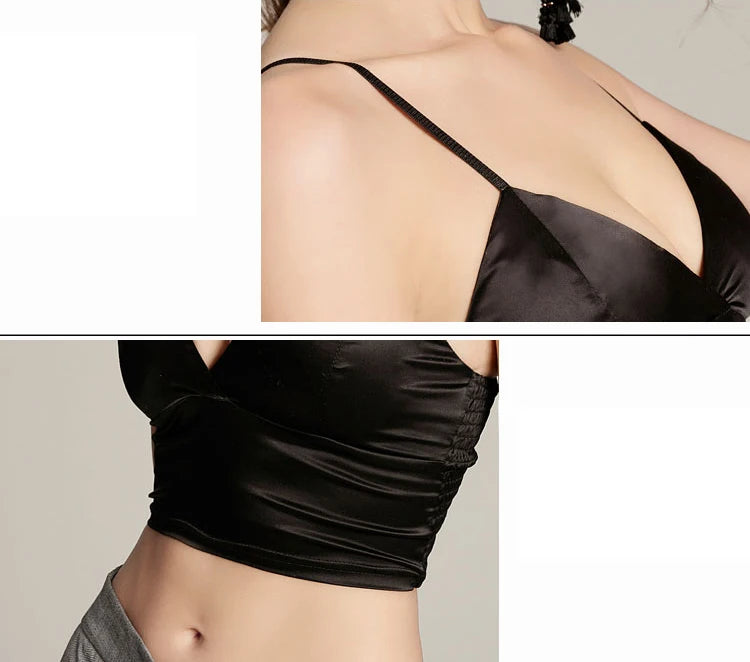 Women Halter Spaghetti Strap Top Sexy V Neck Black White Camis Sleeveless Satin Silk Tank Tops Women Summer Camisole with pad