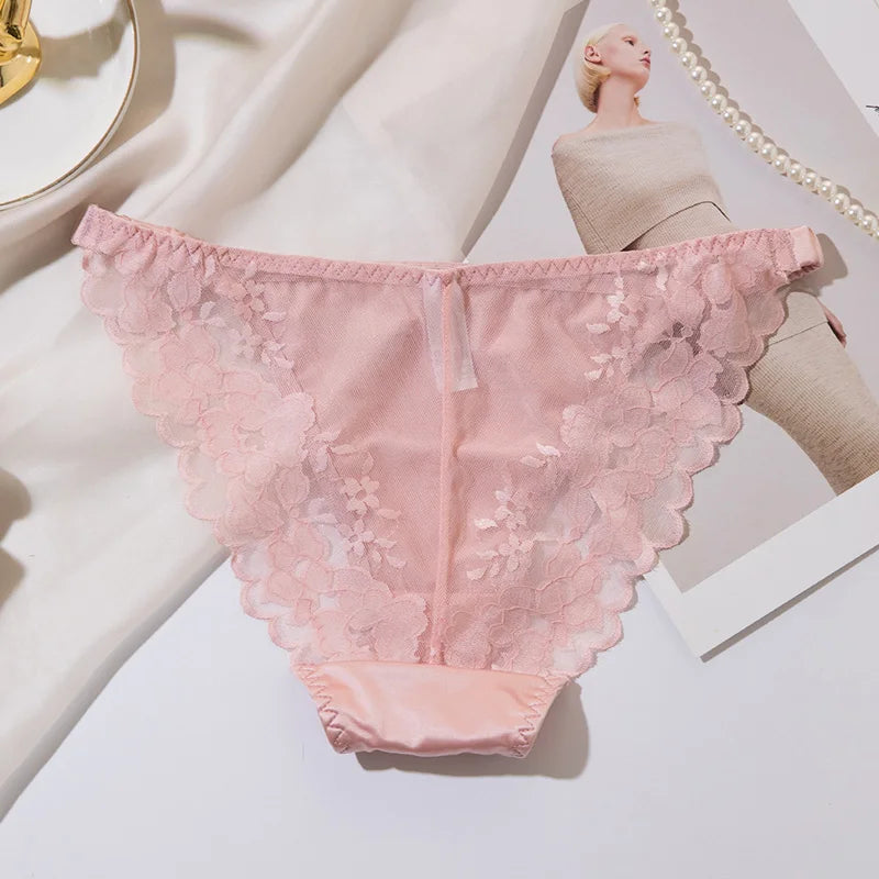 Bragas de satén de cintura baja, sexys, de alta elasticidad, con encaje floral, de malla transparente, ropa interior de encaje suave y transpirable con brillantina y diamantes.