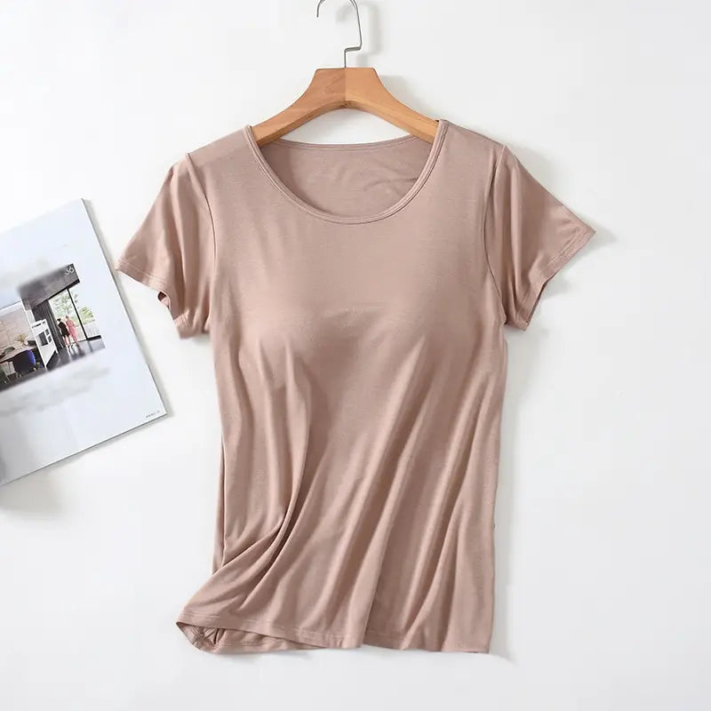Damen T-Shirt mit Brustpolster Tops Einteiliges BH-Cup Schlankes T-Shirt Weibliches Sommeroberteil Unterhemden Homewear Damenpyjamas