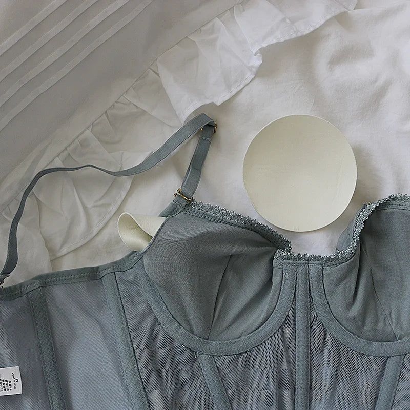 Sexy dreidimensional bestickter BH mit Spitze, Fischgrätenkorsett, Stahlring – 2/1 Halbschalen-Bralette-Unterwäsche