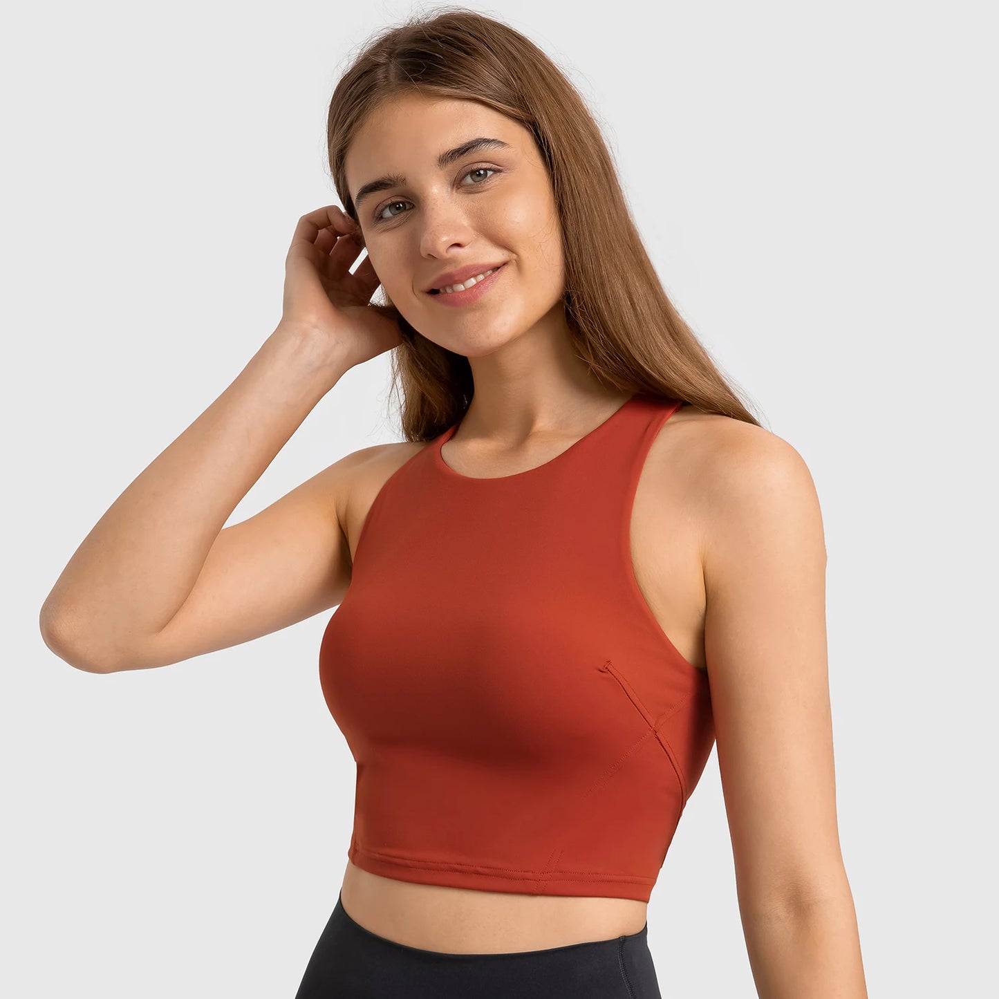 Nepoagym Damen FLAME Crop Tank Top – Sporttop mit hohem Halsausschnitt und integriertem BH für Laufen, Yoga und Fitness