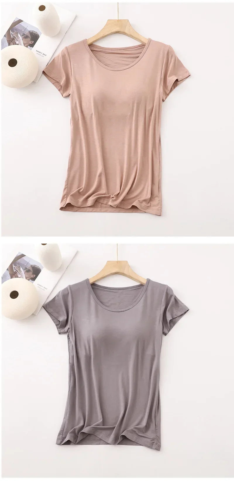 Modalstoff mit Brustpolster T-Shirt Damen Einfarbiger BH Ein Kurzarm-Pyjama Sommer Halbarm Damen-Basisshirt