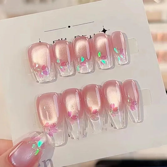 10pcs Aurora Cat Eye Coffin Handmade Press on Nails Cherry Blossom False Nails Sweet French Tip Nail Art Wearable Manicure Nails