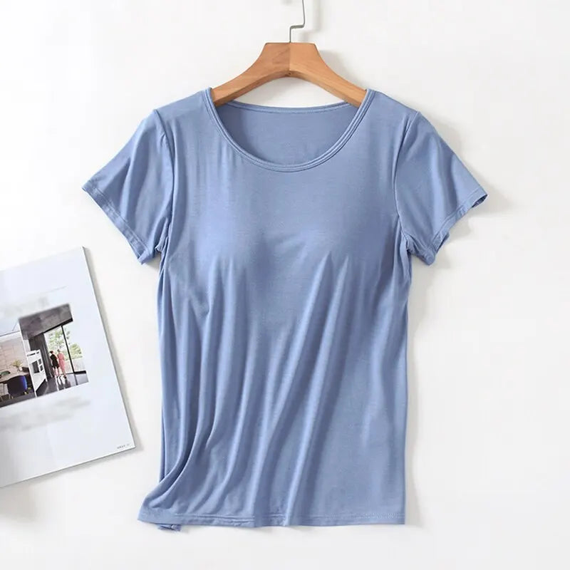 Damen T-Shirt mit Brustpolster Tops Einteiliges BH-Cup Schlankes T-Shirt Weibliches Sommeroberteil Unterhemden Homewear Damenpyjamas