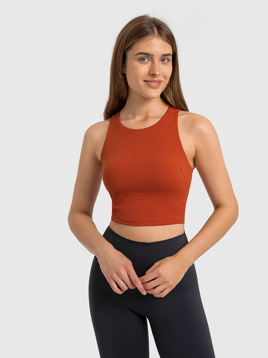 Nepoagym Damen FLAME Crop Tank Top – Sporttop mit hohem Halsausschnitt und integriertem BH für Laufen, Yoga und Fitness