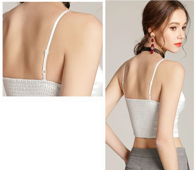 Women Halter Spaghetti Strap Top Sexy V Neck Black White Camis Sleeveless Satin Silk Tank Tops Women Summer Camisole with pad