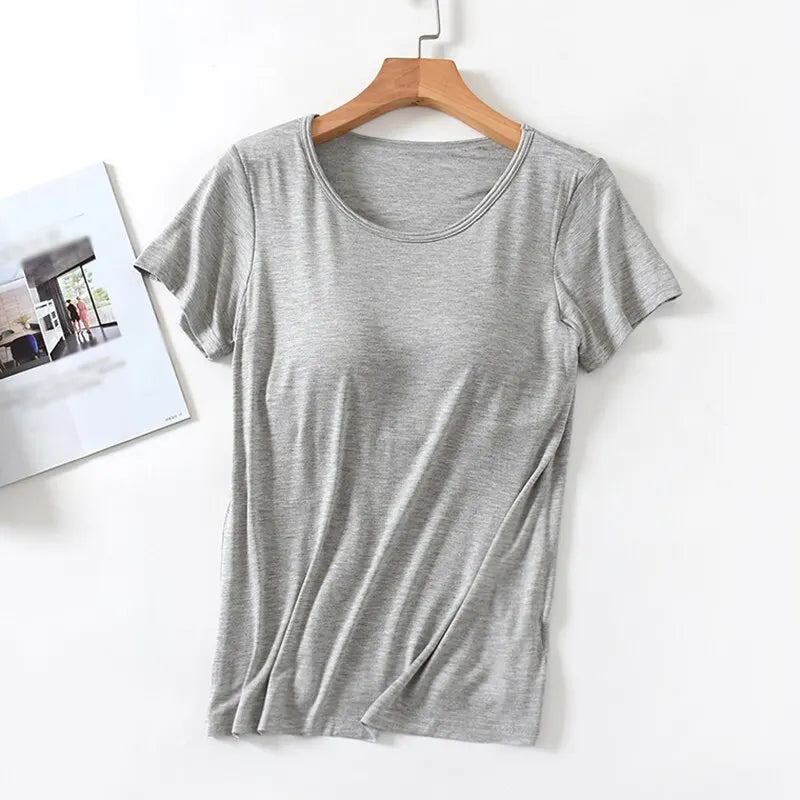 Damen T-Shirt mit Brustpolster Tops Einteiliges BH-Cup Schlankes T-Shirt Weibliches Sommeroberteil Unterhemden Homewear Damenpyjamas