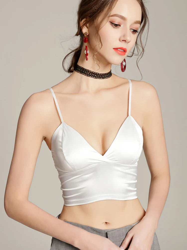Women Halter Spaghetti Strap Top Sexy V Neck Black White Camis Sleeveless Satin Silk Tank Tops Women Summer Camisole with pad