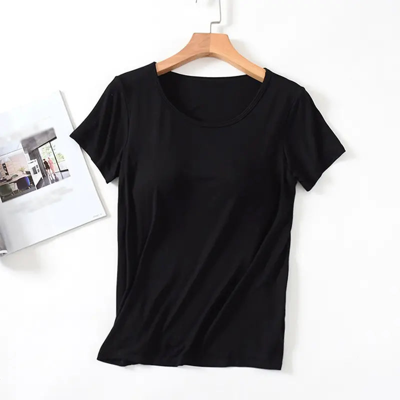 Damen T-Shirt mit Brustpolster Tops Einteiliges BH-Cup Schlankes T-Shirt Weibliches Sommeroberteil Unterhemden Homewear Damenpyjamas