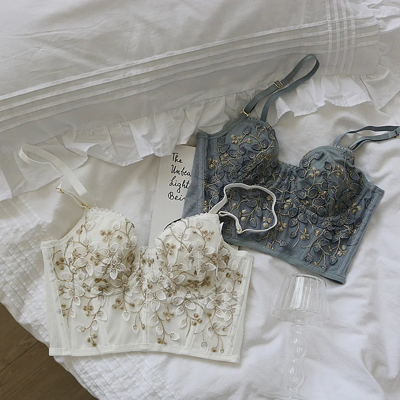 Sexy dreidimensional bestickter BH mit Spitze, Fischgrätenkorsett, Stahlring – 2/1 Halbschalen-Bralette-Unterwäsche