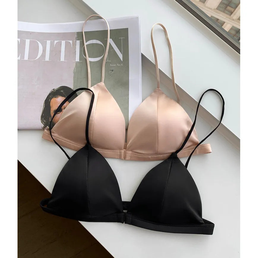 Thin Cup Comfortable Front Buckle Cross Back Underwear, Sexy French Satin Triangle Bra