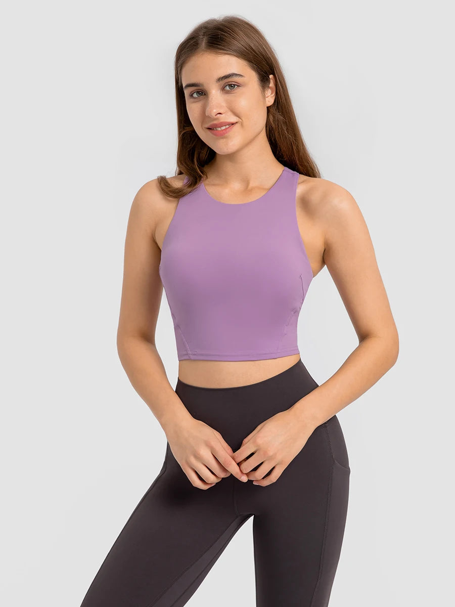 Nepoagym Damen FLAME Crop Tank Top – Sporttop mit hohem Halsausschnitt und integriertem BH für Laufen, Yoga und Fitness