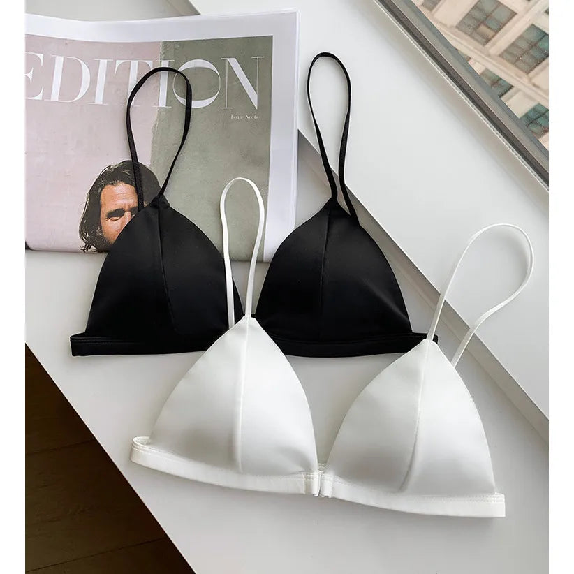Thin Cup Comfortable Front Buckle Cross Back Underwear, Sexy French Satin Triangle Bra