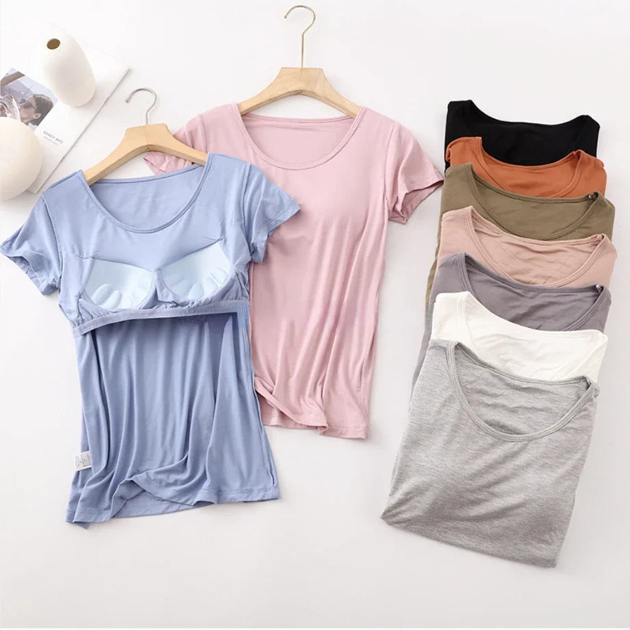 Modalstoff mit Brustpolster T-Shirt Damen Einfarbiger BH Ein Kurzarm-Pyjama Sommer Halbarm Damen-Basisshirt