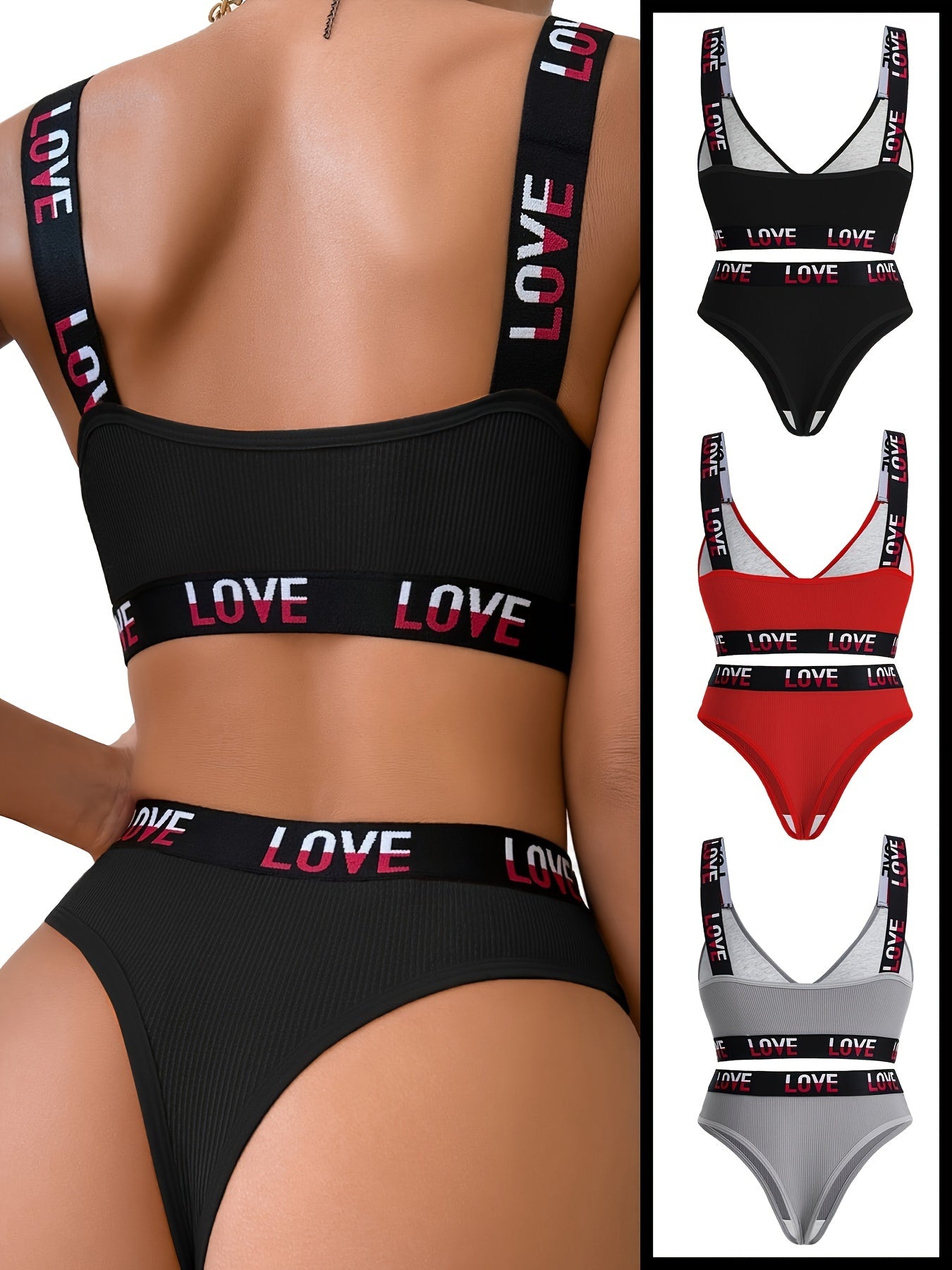 Letter Tape Ribbed Bra & Panties, Sports Bra & Elastic Panties Lingerie Set, Women's Lingerie & Underwear