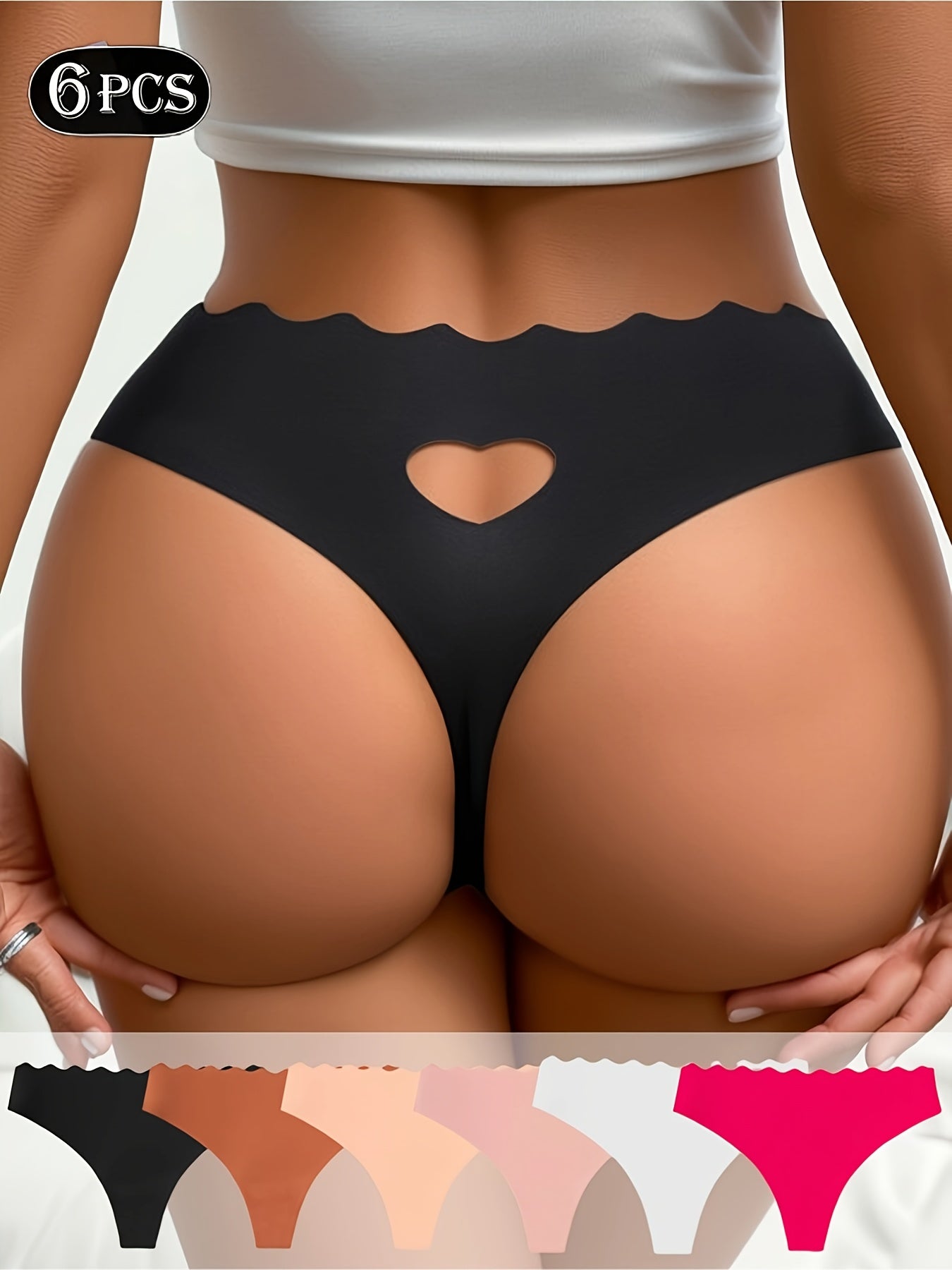6-Pack Women's Low Waist Thong: Seamless, Heart Design with Wavy Edges