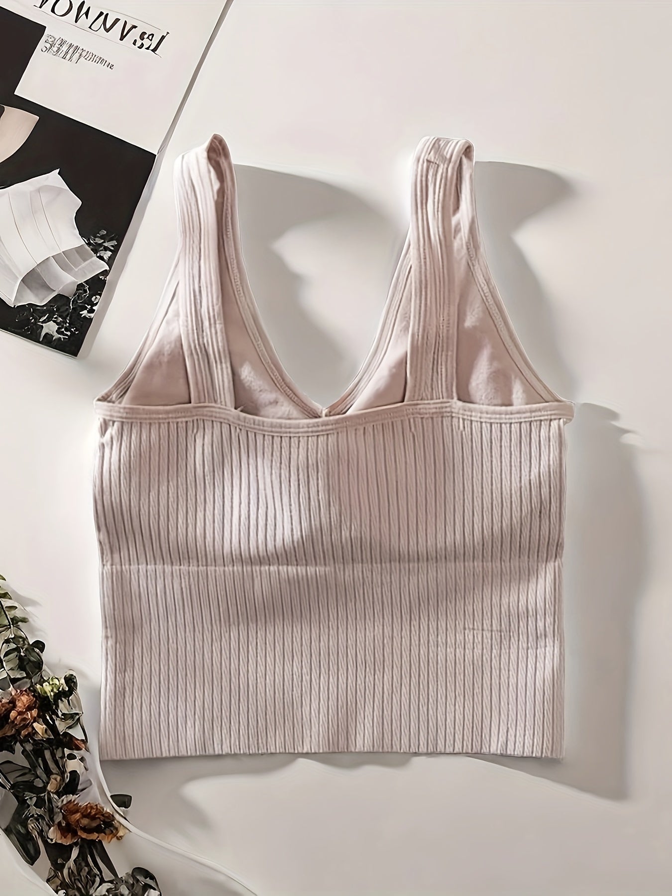 Girl's Ribbed High Elasticity Bra Tank Top, With A V-neck Design, Stylish And Comfortable Without Steel Ring, Suitable For Ages 11-15.