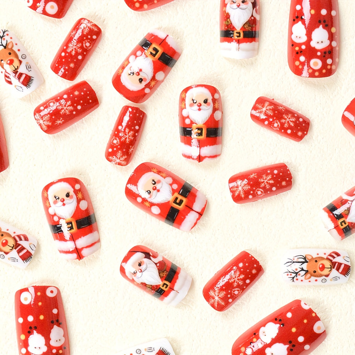 24-Piece Christmas Themed Press-On Nails Set – Middle-Length Square Shaped with Cartoon Santa & Reindeer Designs, Mixed Color System, Glossy Finish – Includes Jelly Glue & Nail File for Parties and Daily Use