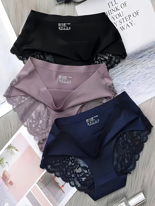 (3 Pack) Sexy European and American Pearlescent Fabric Lace Hip Lifting Underwear, Ice Silk, Mid Waist, Traceless, Ultra thin, Large Size, Breathable