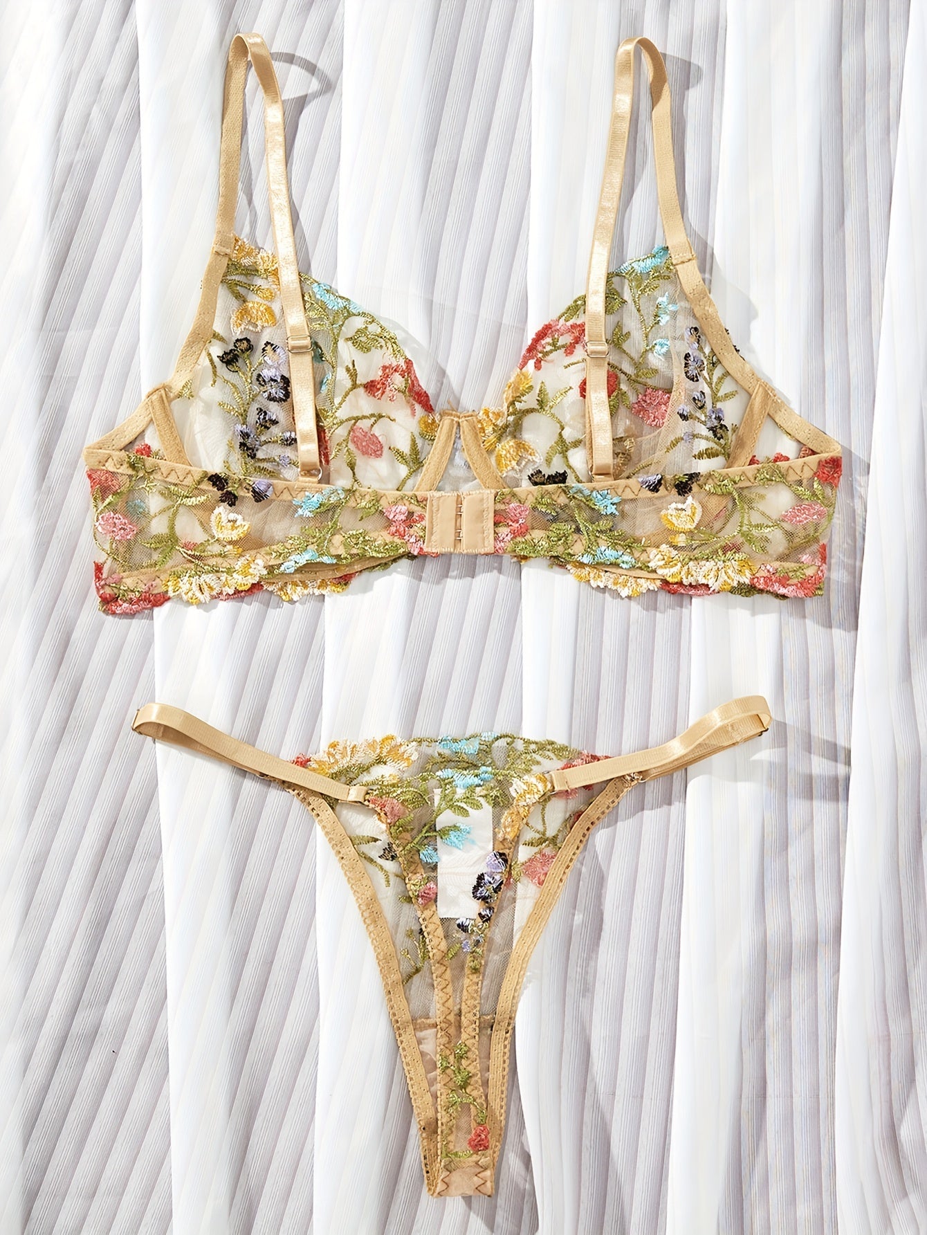 Floral Embroidery Lingerie Set - Sexy Sheer Unlined Bra & Mesh Thong for Women
