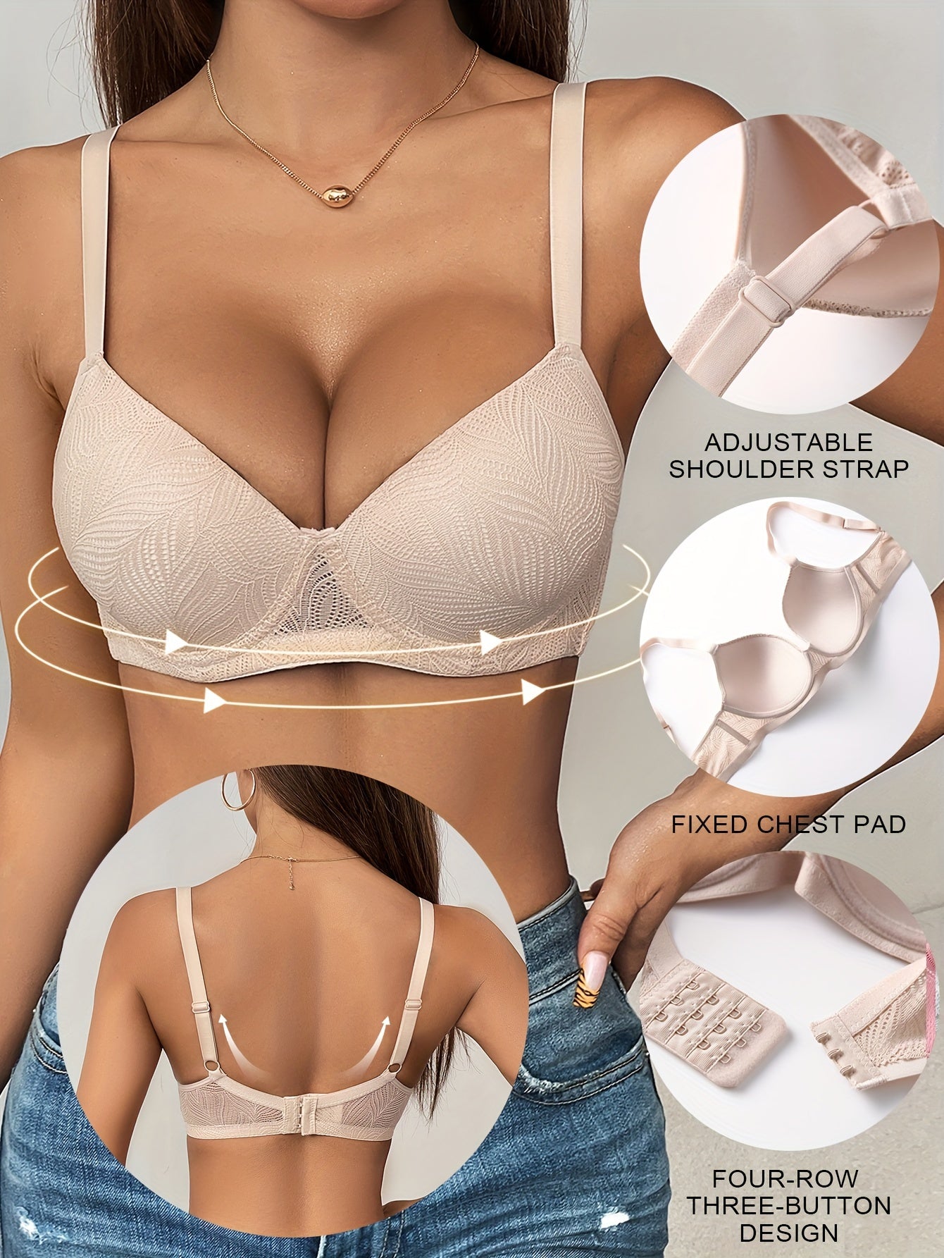 6pcs Solid Jacquard Underwire Push Up Bra - Women's Comfy, Breathable Lingerie with Adjustable Straps
