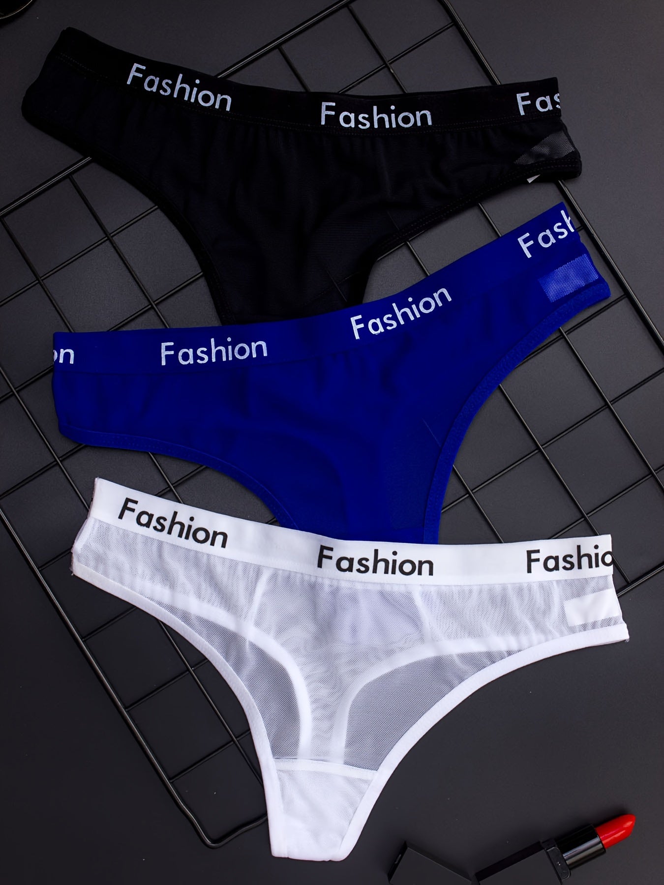 3-teilige Mesh-Slips mit Buchstabenband – Sexy Damen-Dessous mit niedriger Taille