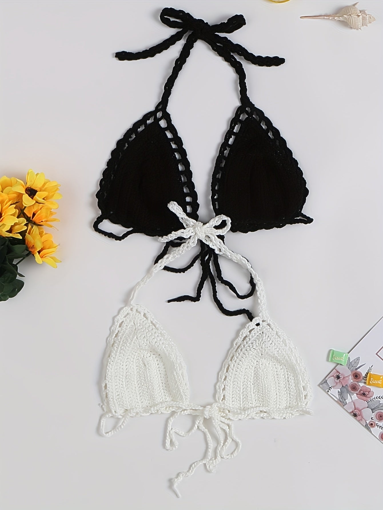 2pcs Women's Solid Color Crochet Bikini Top - V Neck Halter Tie Back Swimwear