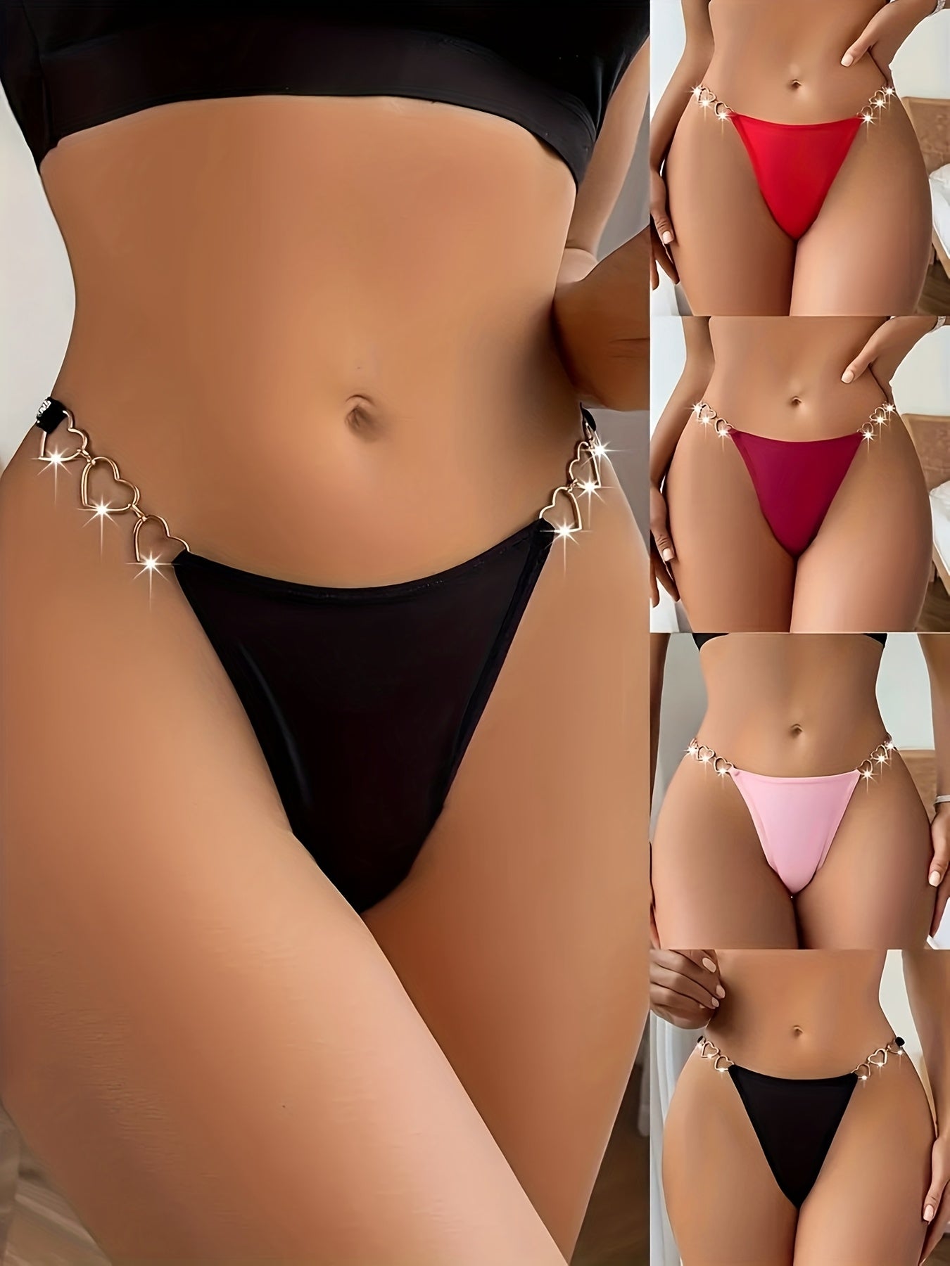 4-Pack Women's Sexy Low-Rise Thong with Heart Chain Design