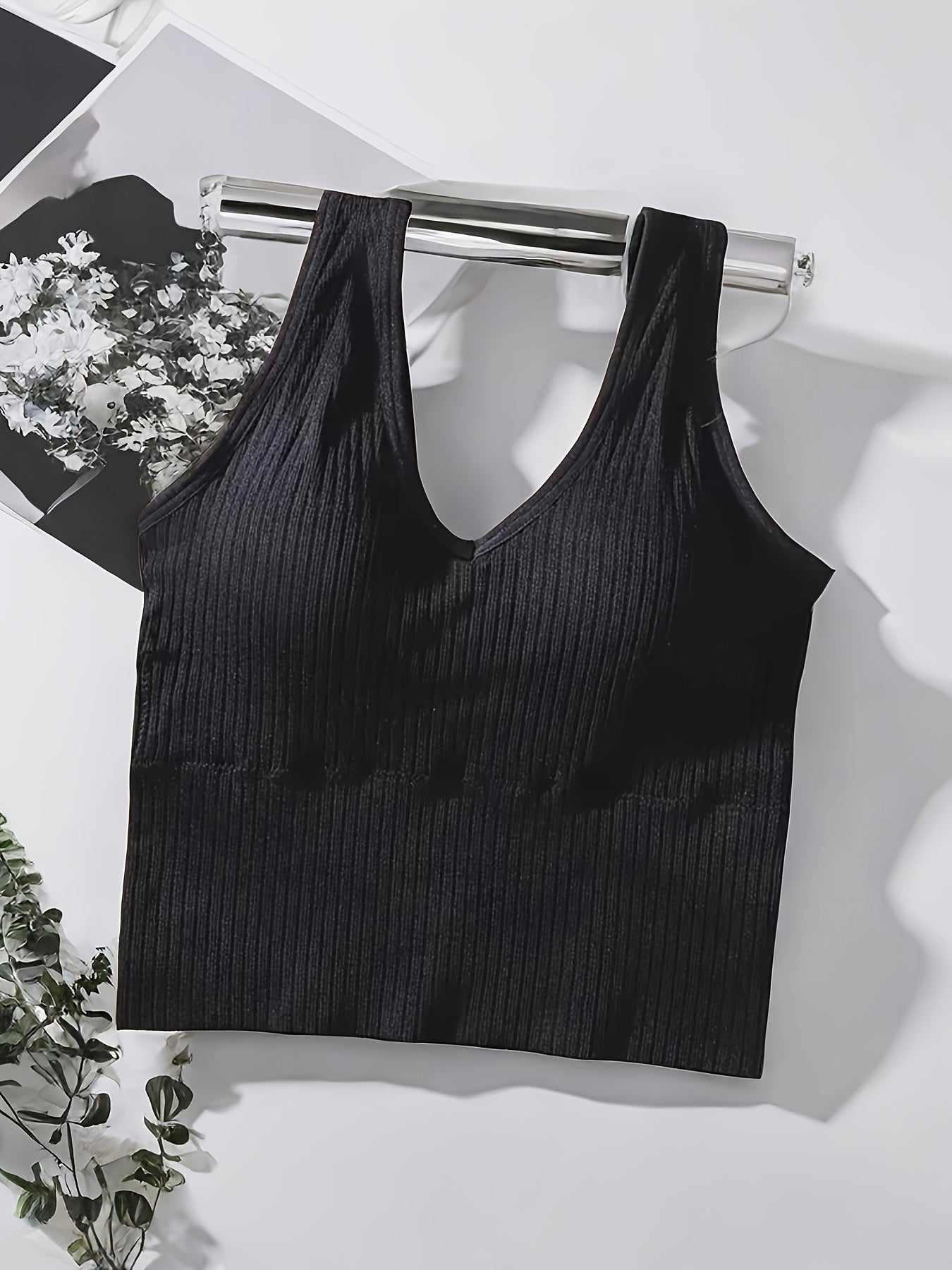 Girl's Ribbed High Elasticity Bra Tank Top, With A V-neck Design, Stylish And Comfortable Without Steel Ring, Suitable For Ages 11-15.