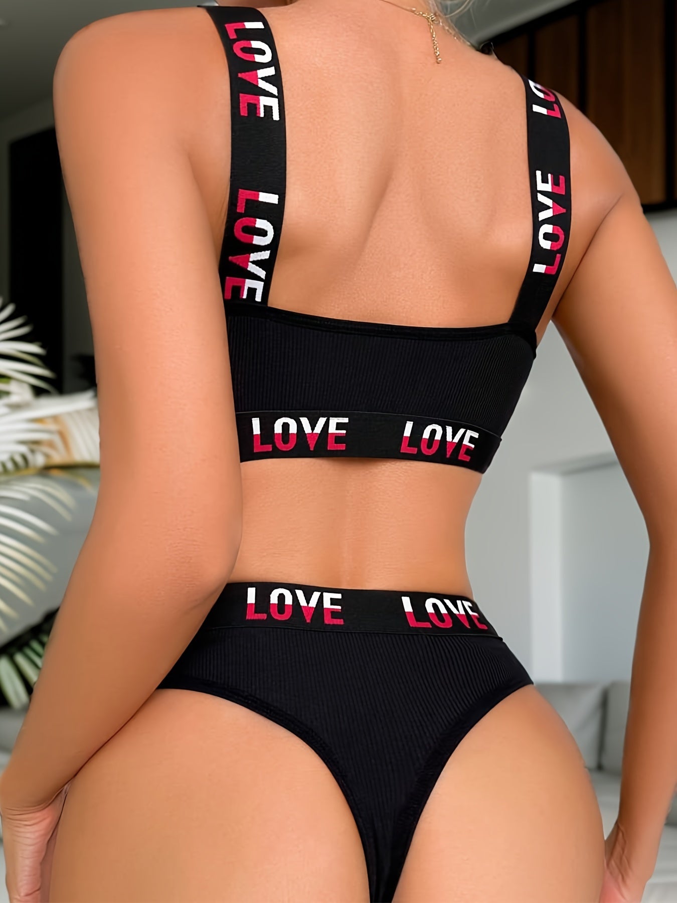 Letter Tape Ribbed Bra & Panties, Sports Bra & Elastic Panties Lingerie Set, Women's Lingerie & Underwear