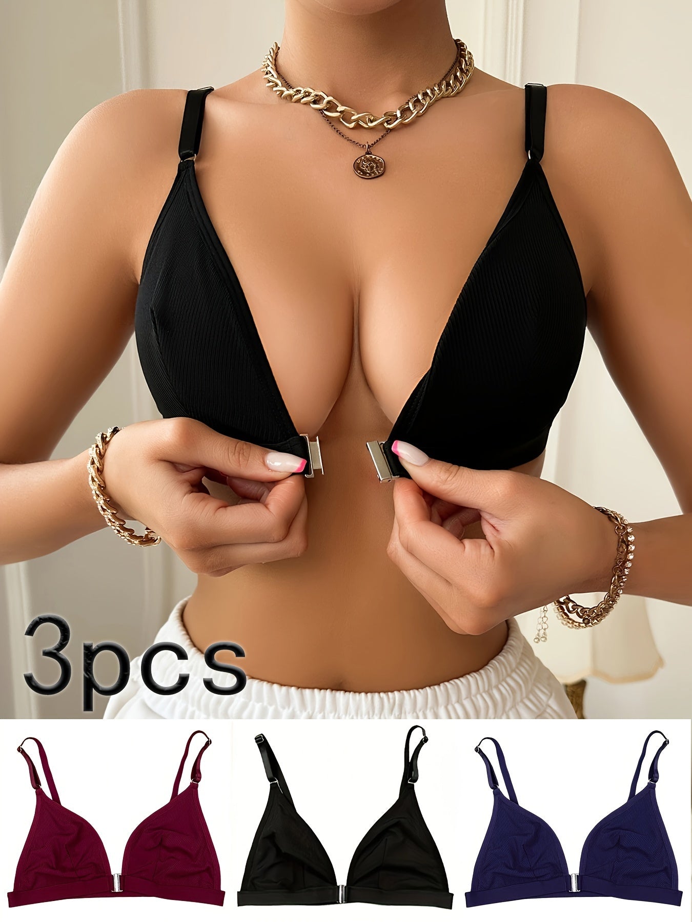 3-teiliger, fester Frontverschluss, kabellos, Cami-Push-Up-BH – bequeme, elegante Damenunterwäsche