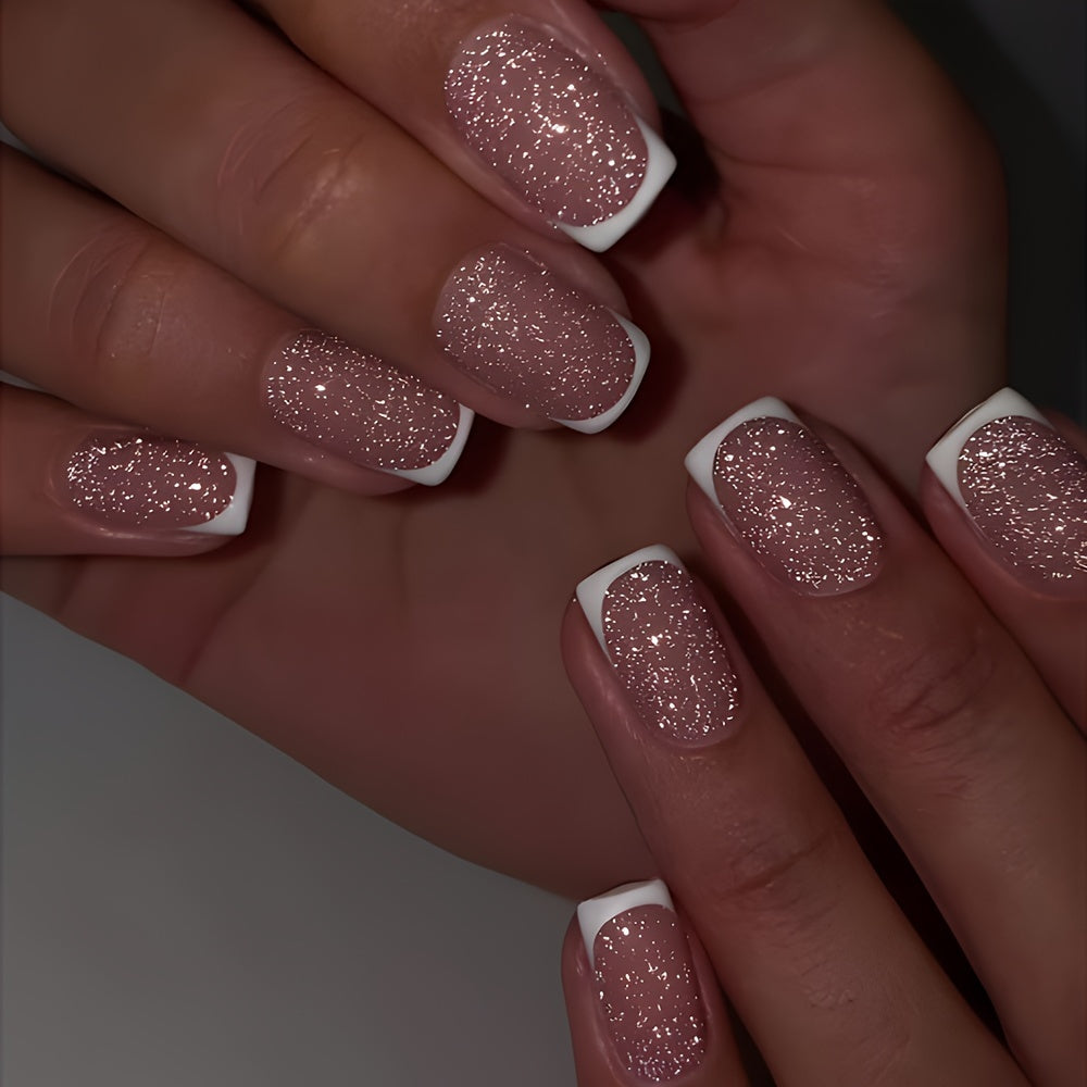 24 Stück glänzende mittelgroße quadratische rosa-weiße French Tip Press On Nails – wiederverwendbar für Frauen