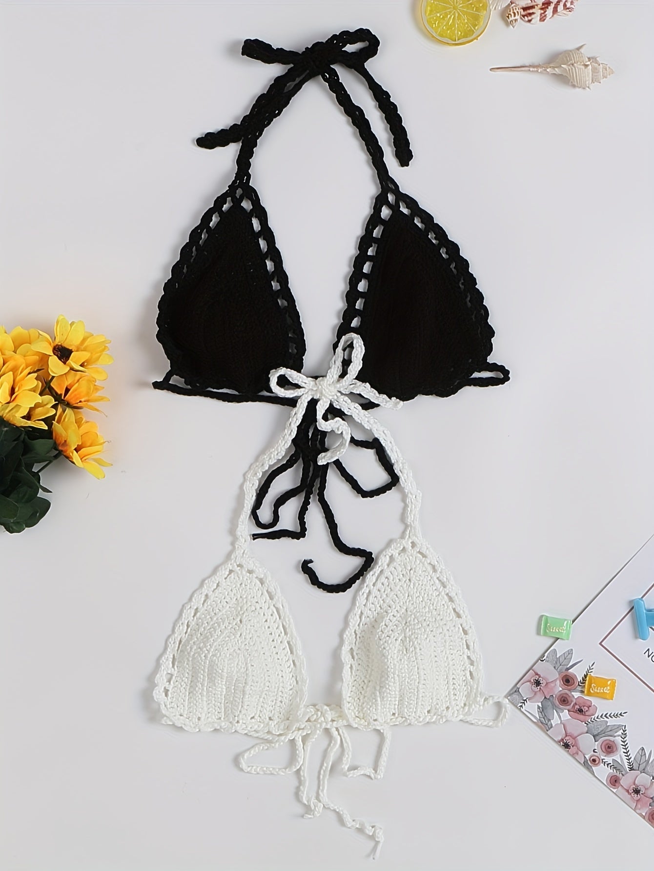 2pcs Women's Solid Color Crochet Bikini Top - V Neck Halter Tie Back Swimwear