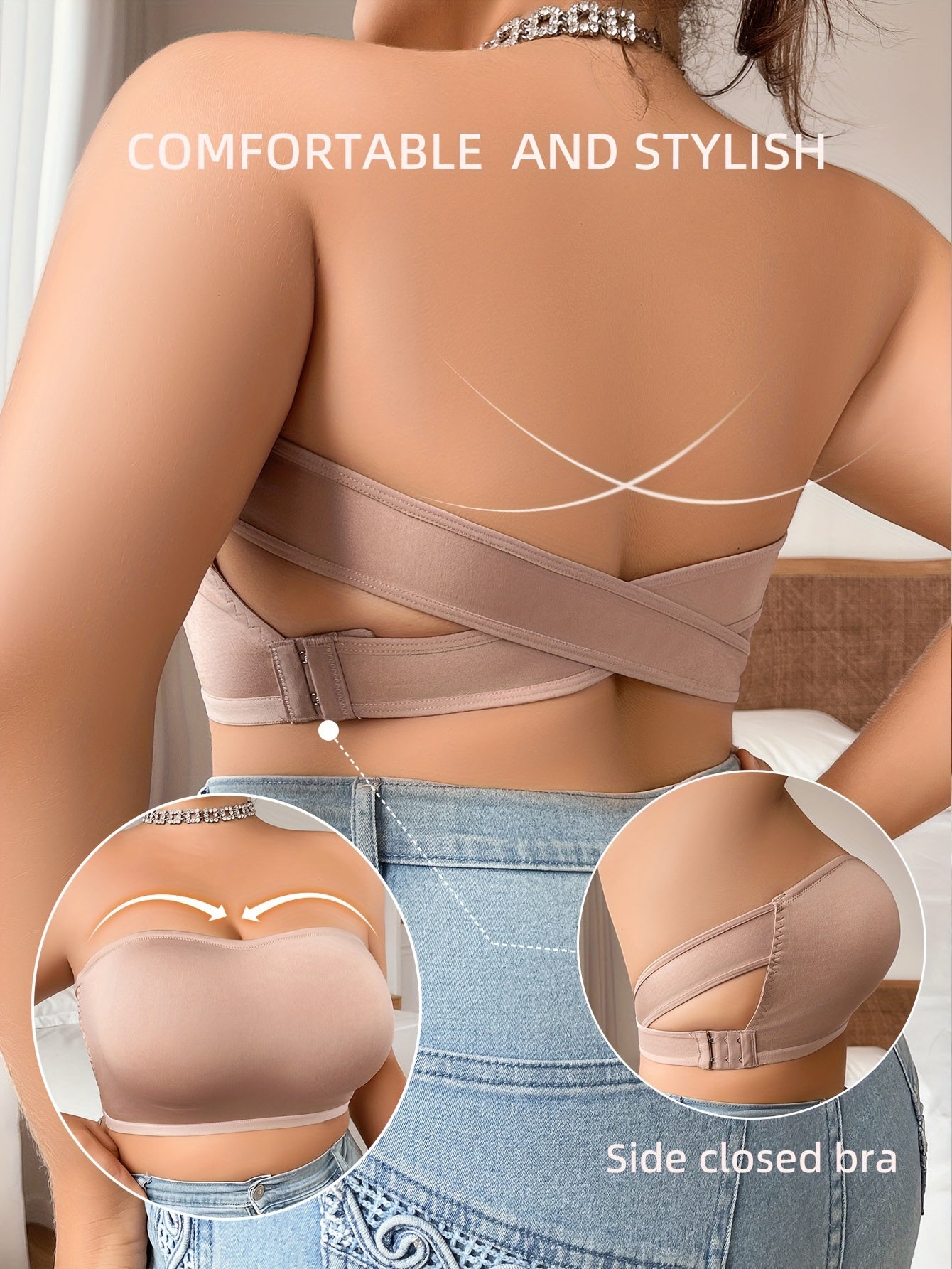 Eleganter trägerloser Bandeau-BH für Damen – unsichtbar, atmungsaktiv, mit Kreuzverschluss am Rücken