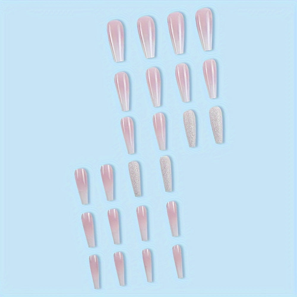 24 Pcs Glossy Long Coffin Press-On Nails - Gradient Pinkish & White French Style, Glitter, Reusable